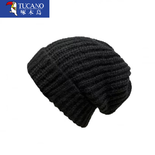 Woodpecker hat men's winter large head circumference knitted hat men's warm woolen hat trendy winter pile hat men's cold hat cotton hat (solid color) black one-size-fits-all elastic (no need to choose head circumference)