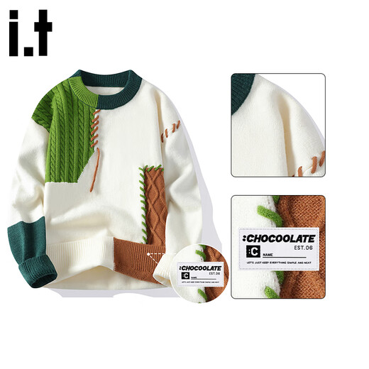 CHOCOOLATE it splicing design knitted sweater for men in autumn American fashion brand comfortable round neck sweater jacket green L recommended 120-135 Jin Jin equals 0.5 kg