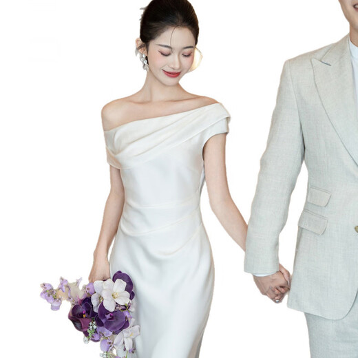 Jane Deiune French light wedding dress other shoulder engagement dress 2025 new style light dress certificate registration small white skirt female white M