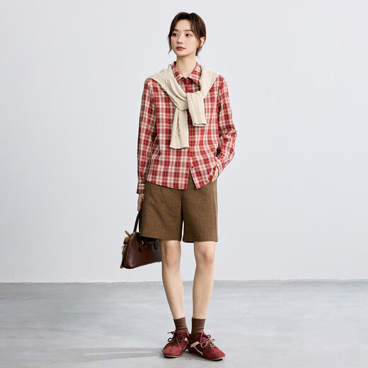 INMAN Hong Kong style retro college style sub-shirt for women 2025 autumn literary and versatile casual long-sleeved layered shirt red plaid S