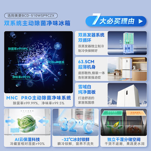 MeiLing dual-system zero-embedded refrigerator 510 liters cross-door one-level frequency conversion active sterilization BCD-510WSP9CZX box damage machine 510WSP9CZX white