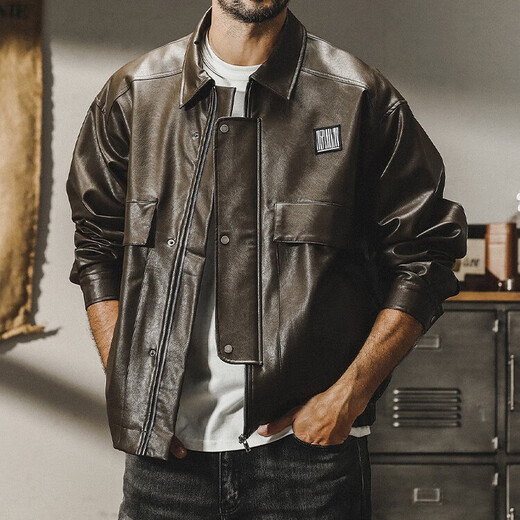 Jeanswest PU Leather Jacket Men's American Heavyweight Loose Casual Maillard Retro Motorcycle Leather Jacket Autumn and Winter Jacket Brown 2XL Size 160-180Jin Jin is equal to 0.5 kg