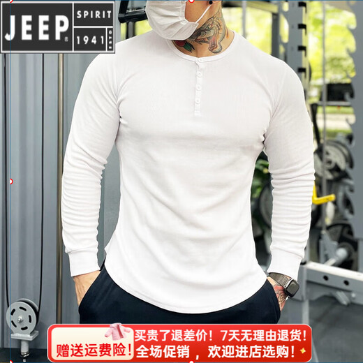 JEEP SPIRIT muscle fitness long-sleeved American Henry shirt bottoming shirt men's tough guy Henry collar T-shirt slim sports casual white (XL