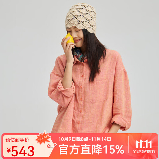 无色无味童趣伊甸园 25年秋冬新品休闲色织亚麻长袖 衬衫 女装 上衣 桔色 M （36）
