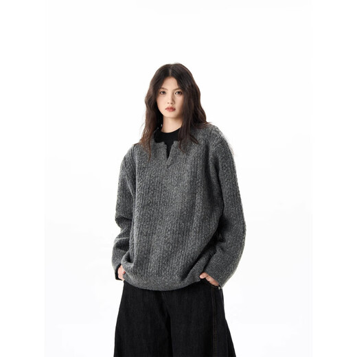 Leolite American retro twist design sweater men's lazy high-end Henry collar loose pullover sweater dark gray S