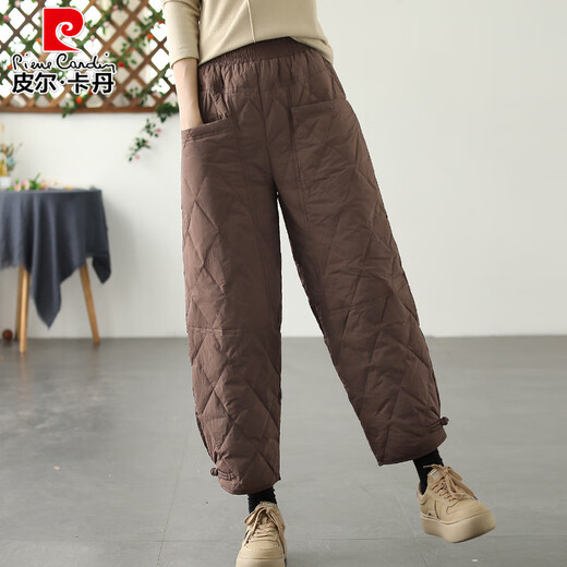 Pierre Cardin 2026 new solid color diamond white duck down buckle casual cotton pants for women thickened warm down pants for women's winter outer wear coffee color L recommended 140Jin Jin equal to within 0.5 kg