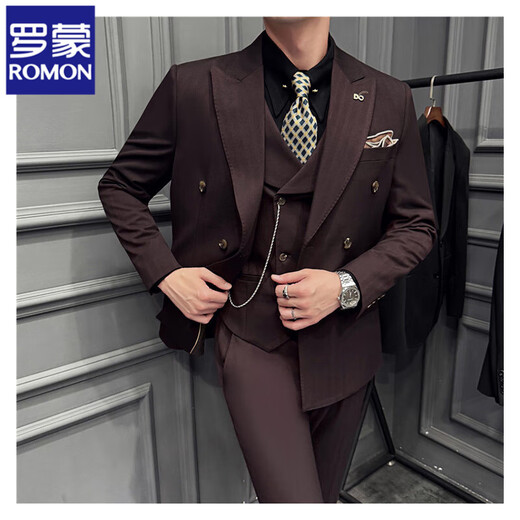 ROMON Autumn and Winter Thick Dark Striped Suit Men's Suit Korean Slim Fit Business Formal Easy-Care Three-piece Suit Burgundy (Single-piece Suit) XL (120-135Jin Jin equals 0.5kg)