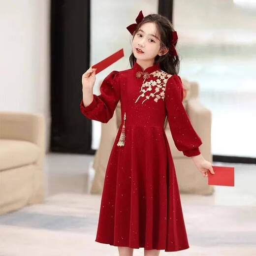 Disney (Disney) girls Chinese style velvet dress 2025 new style red girl princess skirt thickened New Year's greeting dress Chinese style dress without velvet 140