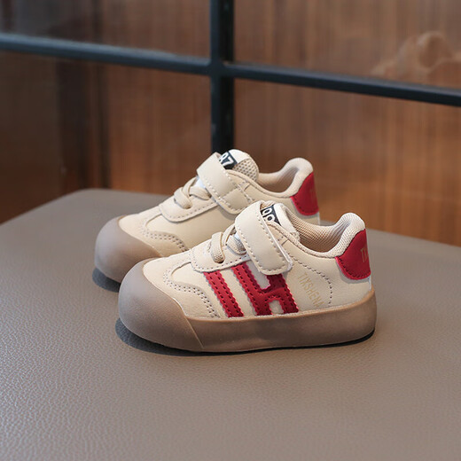 Ginoble baby's new soft-soled leather toddler shoes 2025 autumn and winter infants and toddlers 0-1-3 years old boys' sneakers moral training shoes for women 4 beige leather cut label removal cabinet 20 inner length 14.0cm