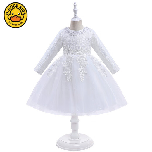 G.duck Spring, Autumn and Winter Girls' White Princess Dress Wedding Dress Children's Long-Sleeved Puff Dress Middle-aged Children's Performance Dress White No Velvet 110 cm Suitable for 100-110cm Age 4-5 Years Old