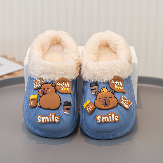 Kapibara children's cotton slippers for boys' autumn and winter home new anti-slip plus velvet warm thick-soled baby slippers winter royal blue 34.5 (suitable for feet 34-35)
