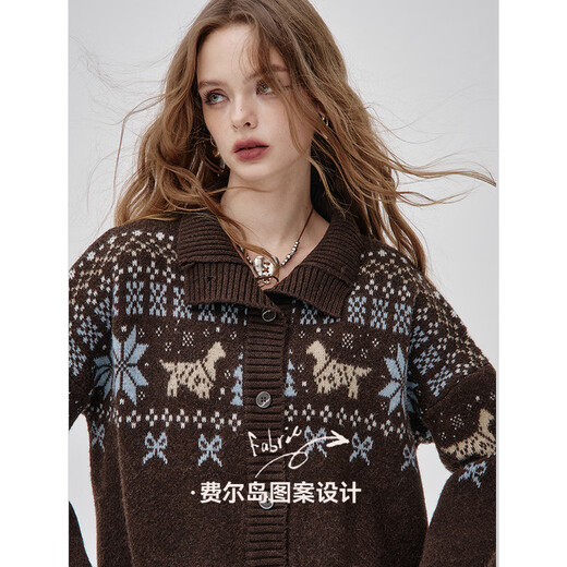Fairy Pocket Polo Collar Fair Isle Cardigan Sweater Women's 2025 Autumn and Winter New Retro Lazy High-Quality Fair Isle Coffee Color M