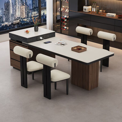 Shetan island table integrated dining table 2025 new small apartment multi-functional new wood grain slate household retractable dining table 140cm table top retractable island table without tea stove island table + 4 hippo chairs brand three-plug socket