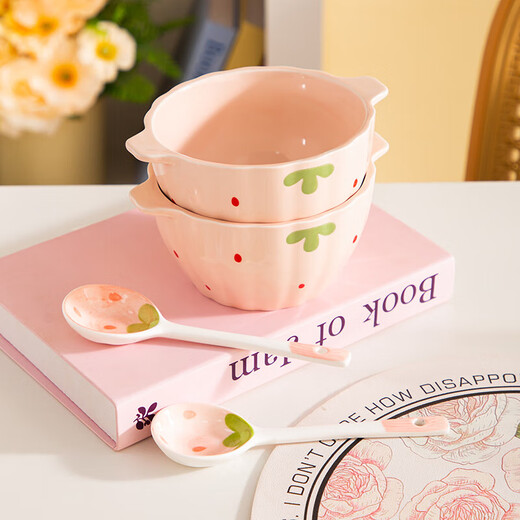 Girly Heart Strawberry Double-Eared Bowl and Spoon Thickened Soup Bowl Salad Bowl Rice Bowl Household Bowl High-Looking Underglaze Color Tableware Light Pink Strawberry Double-Eared Bowl (1 Bowl 1 Spoon) 2-piece Set