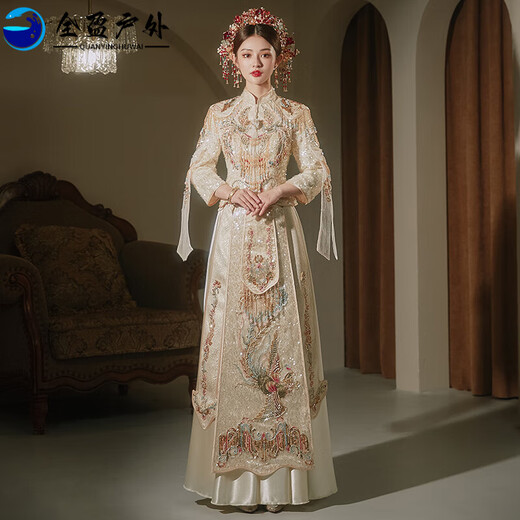 OIMG Light Luxury 2025 New Golden Xiuhe Suit High-end Bridal Chinese Wedding Dress Heavy Industry Luxury Toast Suit Shuangfeng Heavy Industry Champagne Color No Headgear S