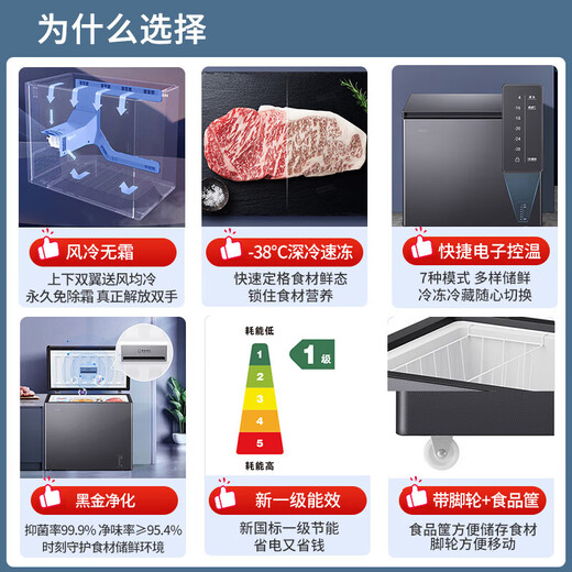 Haier small freezer 100 liters or above, household and commercial, large capacity, first-class energy-saving, frost-reducing, ultra-low temperature cryogenic quick-freezer, freezer and refrigeration dual-purpose cabinet with casters + basket + tray 2-00 liters | -38 C quick freezing | fast electronic temperature control | air-cooled and frost-free