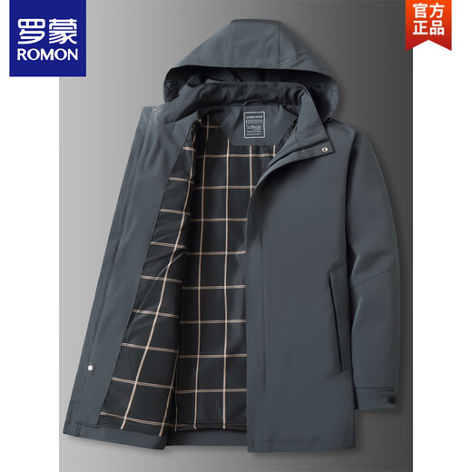 ROMON large size men's parka windbreaker men's mid-length spring and autumn fat man plus fat enlarged loose solid color windproof coat black 6XL