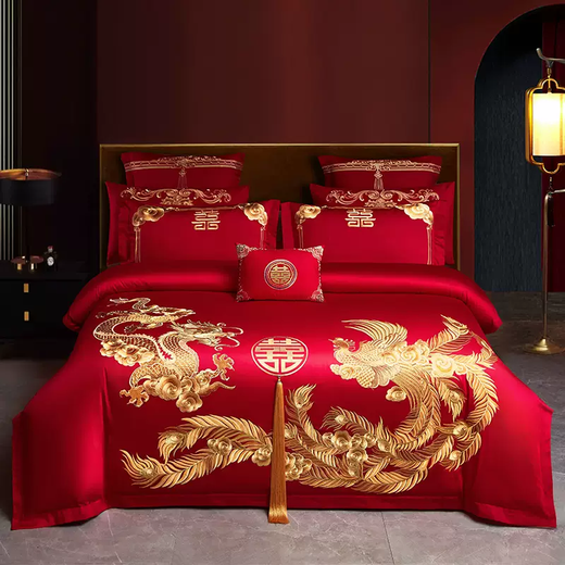 Yusenyi high-end wedding multi-piece set with dragon and phoenix embroidery flowers, 100% cotton wedding four-piece dowry red quilt bed for children and grandchildren 4-suitable for 1.51.8m bed recommended to match 200x23