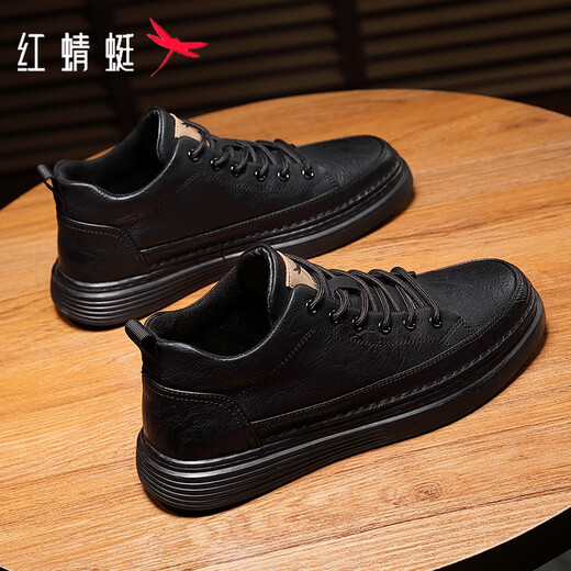 Red Dragonfly Men's Shoes Business Casual Leather Shoes Men's 2025 Autumn and Winter New Style Sneakers Men's Versatile Cowhide and Velvet Warm Shoes Men's All Black 7002 41 (255)