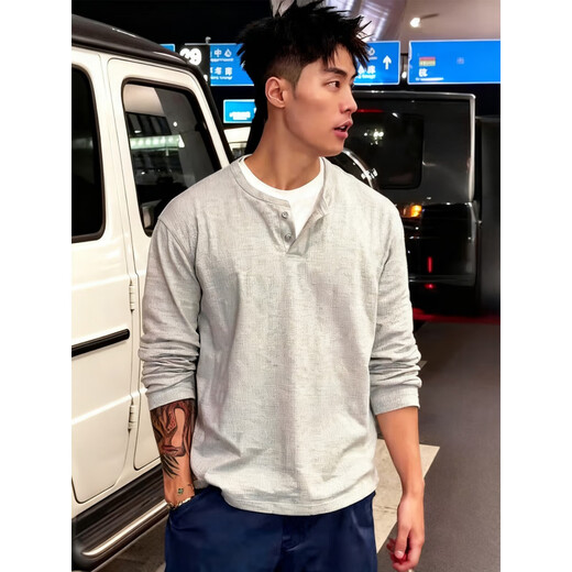 Funny Henry shirt fake two-piece gray fake two-piece Henry collar long-sleeved T-shirt for men in autumn American style polo shirt gray upgraded style M
