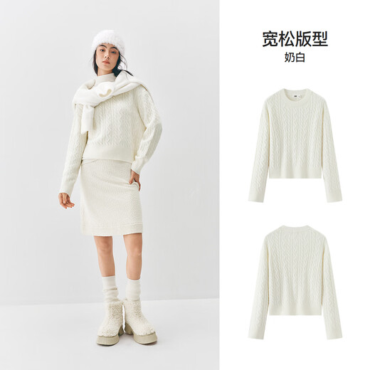 Same style as Semir shopping mall | Senrou Semir sweater for women winter short cable tie round neck loose 2025 new retro sweater milk white 10501 S