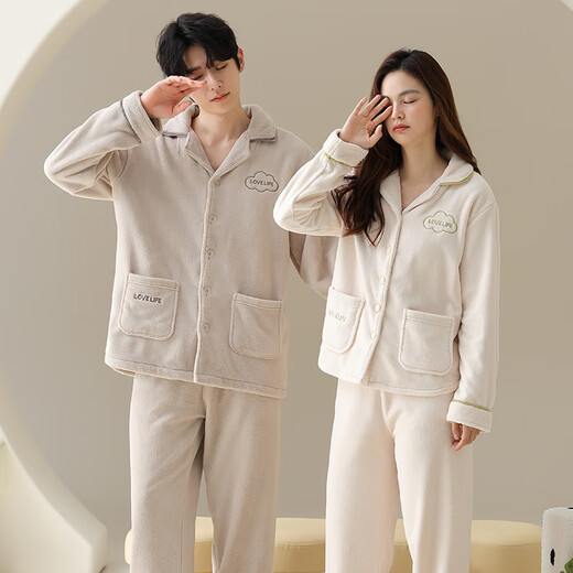 Congxin two sets of soft flannel couple pajamas for autumn and winter, thickened and velvet to keep warm, 25 years new men's and women's home clothes G 64956 light apricot + 75956 rice apricot L male + female M