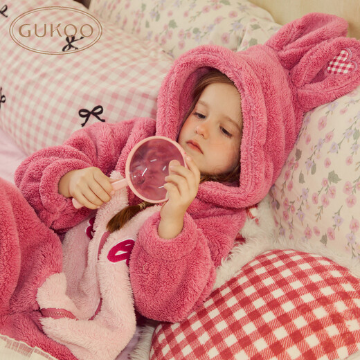 Gukoo Children's Pajamas Winter Coral Velvet Warm New Cute Bunny Girls Hooded Homewear Jumpsuit D Jumpsuit 110cm