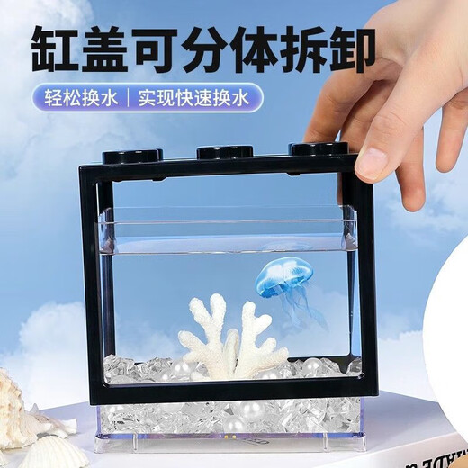 Desktop fish tank, small household building block tank, ecological tank, aquarium, betta fish tank with night light, ambient light ornament, black fish tank, two lights + luminous ducks, about 50 pieces