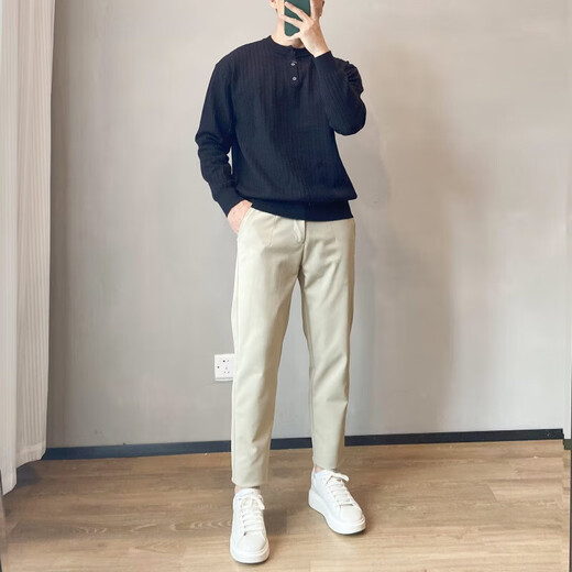 Light mature business casual henley collar bottoming sweater men's long-sleeved spring and autumn half-buttoned round neck solid color sweater white M