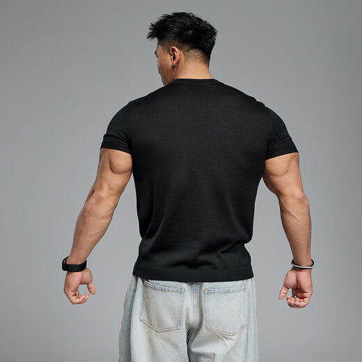 MUSCLE DOG Muscle Dog Lyocell breathable short-sleeved T-shirt men's summer slim cuffs miniature Henley shirt training fitness top black S