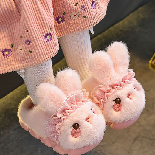 Rabbit Children's Cotton Slippers for Boys Winter Cartoon Cute Non-Slip Indoor Bath Soft Soled Baby Slippers Upgraded Environmentally Friendly Material Pink Slippers Size 12 36/37 (Suitable for 35/36 Feet)