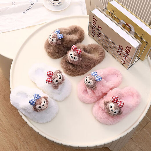 2024 New Princess Style Cute Shirley Rose Children's Furry Slippers Home Thick-Soled Anti-Slip Warm Baby Cotton Shoes Pink Cute Little Shirley Rose 30-31 (Inner Length 19.5cm)