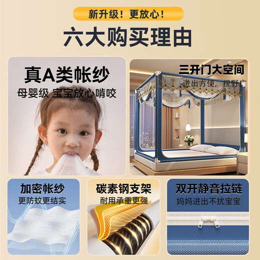 Anti-fall mosquito net for home bedroom children and babies to prevent falling out of bed Mongolian yurt dust-proof pattern net 2025 new style dark blue French lace tent edge romantic light luxury style 1.97m*1.8m*1.7m suitable for 1.8m bed