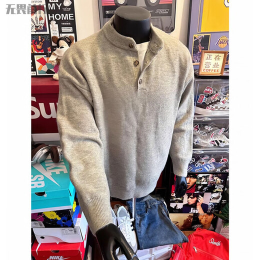 Fearlessly move forward cleanfit gray henley collar sweater for men in autumn and winter American lazy style sweater with velvet and thick inner base Gray S