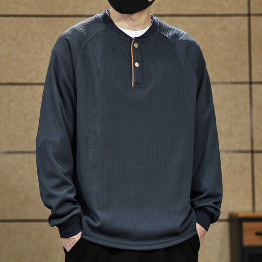 Yilang cool American classic textured striped sweatshirt for men 2025 autumn new trendy brand loose Henry collar long-sleeved bottoming shirt blue gray M suitable for 115-130Jin Jin equals 0.5 kg