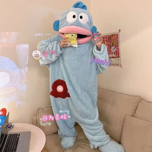 Langsha Ugly Fish Pajamas for Women Autumn and Winter Coral Velvet Couple One-piece Cartoon Funny Nightgown Men's Thickened Plus Size Nightgown A009 (No Shoes) XL