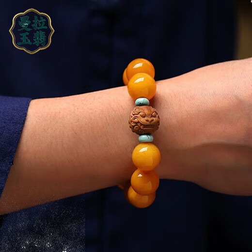 Manla Jade Pei Baltic Sea Natural Beeswax Bracelet Men's Laoshan Sandalwood Pixiu Chicken Oil Yellow Bracelet Round Beads About 16mm Beeswax Bracelet
