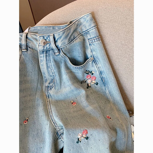 Mu Youyu's new Chinese style Chinese style flower embroidered straight jeans for women 2024 spring design high waist slimming wide-leg pants 6623 blue - summer thin jeans S-summer thin jeans