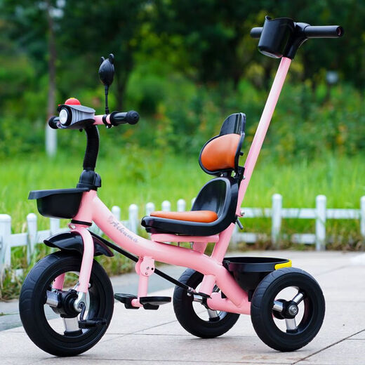 Children's tricycle bicycle with push handle baby stroller child bicycle bicycle 1-3-6 years old stroller Sakura pink model + soft seat back + music