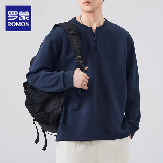 ROMON Henry collar black men's long-sleeved T-shirt 2025 new top spring and autumn sweatshirt men's inner layering shirt men's black XL