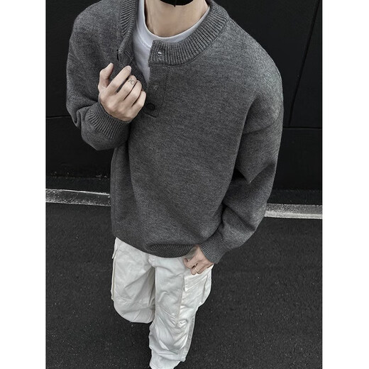 Zhiwei gray American Henry collar sweater men's autumn and winter high-end lazy style bottoming sweater cleanfit inner layer light gray XL