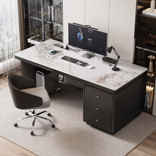 Verdainton Italian light luxury style computer desk bedroom student study table new home slate desk study office writing desk black feet + black cabinet + Chanel glossy 160*60*75 single table with desktop power strip + threading hole + host position