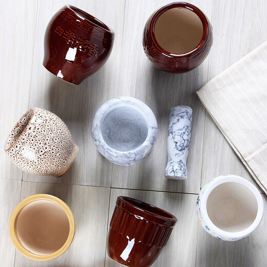 Jipindi stone garlic mortar with old-fashioned garlic pounder ceramic garlic jar garlic jar garlic mud smash garlic pounder candy blue + wooden mallet round mouth brown garlic mortar + wooden hammer