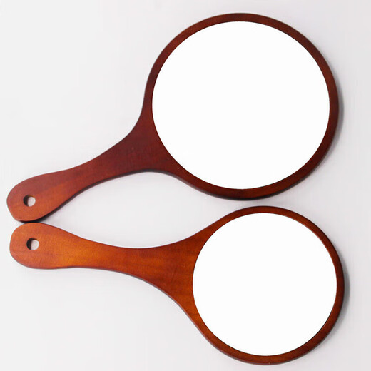 HD handle makeup mirror hand-held beauty salon tattoo retro portable wooden handle mirror portable small large coffee color