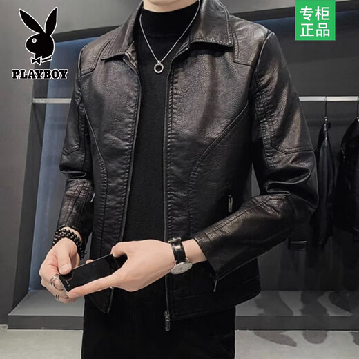 Playboy Leather Jacket Men's Autumn and Winter New Lapel Leather Jacket Trendy Slim Motorcycle Casual Korean Style Velvet PU Leather Jacket for Men 8898 Black Velvet L Recommended 110-125 Jin Jin equals 0.5 kg