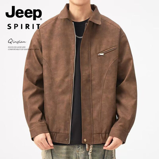 JEEP SPIRIT2025新款复古夹克男翻领秋冬美拉德美式潮流工装痞帅机车皮衣外套 咖色  升级款G1572 M 建议110斤以下