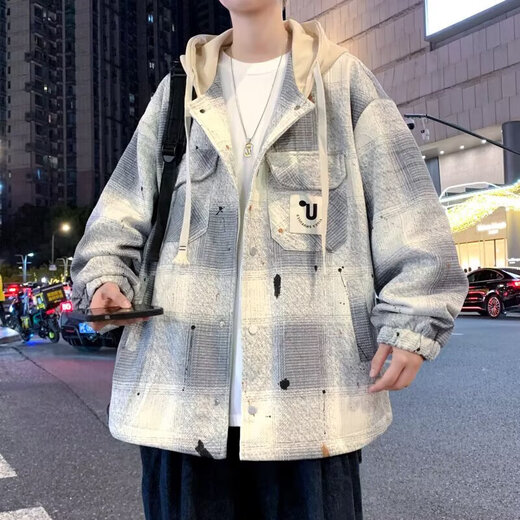 2025 Spring, Autumn and Winter New Plaid Jacket for Men and Teenagers Hooded Hong Kong Style Trendy Handsome Hooded Baseball Jacket Gray XL