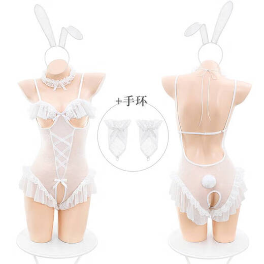 Universal sexy lace bunny girl open-fit tight pajamas tempting crotchless lace exposed breast uniform set red bunny ears + neck ring + bracelets * 2 + jumpsuit M size