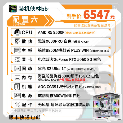 Gigabyte installed Xialin BB RTX5060 graphics card host high-end enthusiast independent graphics card game DIY complete machine package six (9500F+RTX5060)