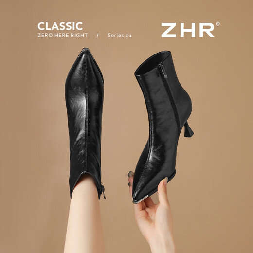 ZHR high heels women's autumn and winter stiletto pointed short boots temperament commuting plus velvet women's boots French ankle boots BQ137A black 37